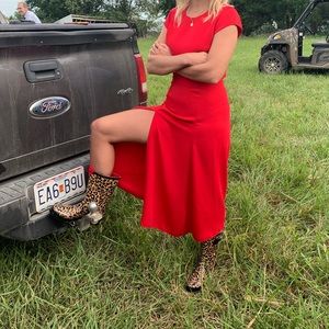 BABATON Red Dress- Backless, with leg slit